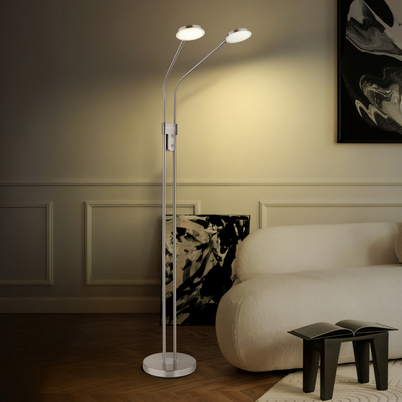 LED-Stehleuchte Silvio, 2-flammig, nickel, CCT, dimmbar